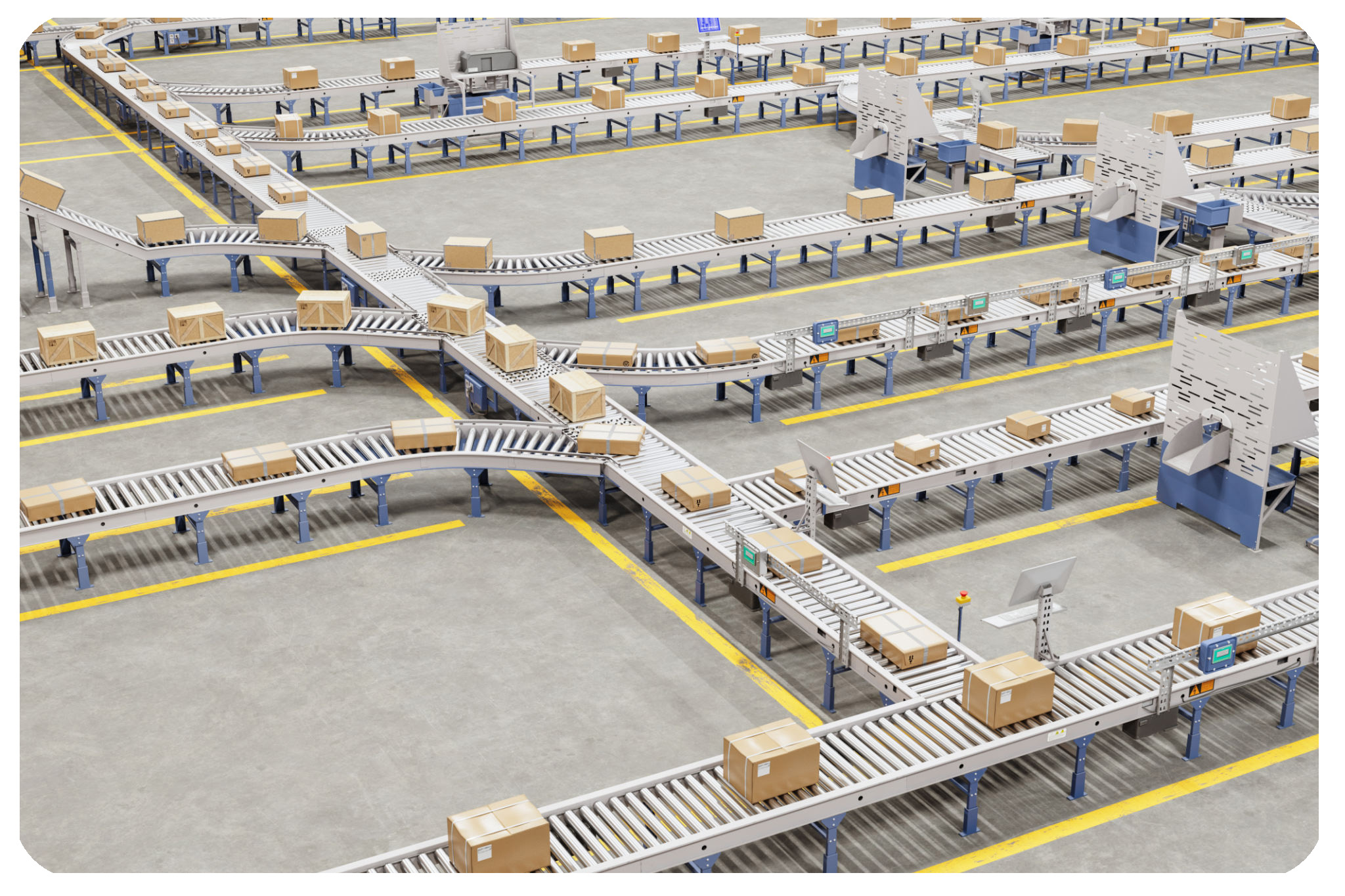 High Angle View Of Warehouse With Cardboard Boxes On Conveyor Belt