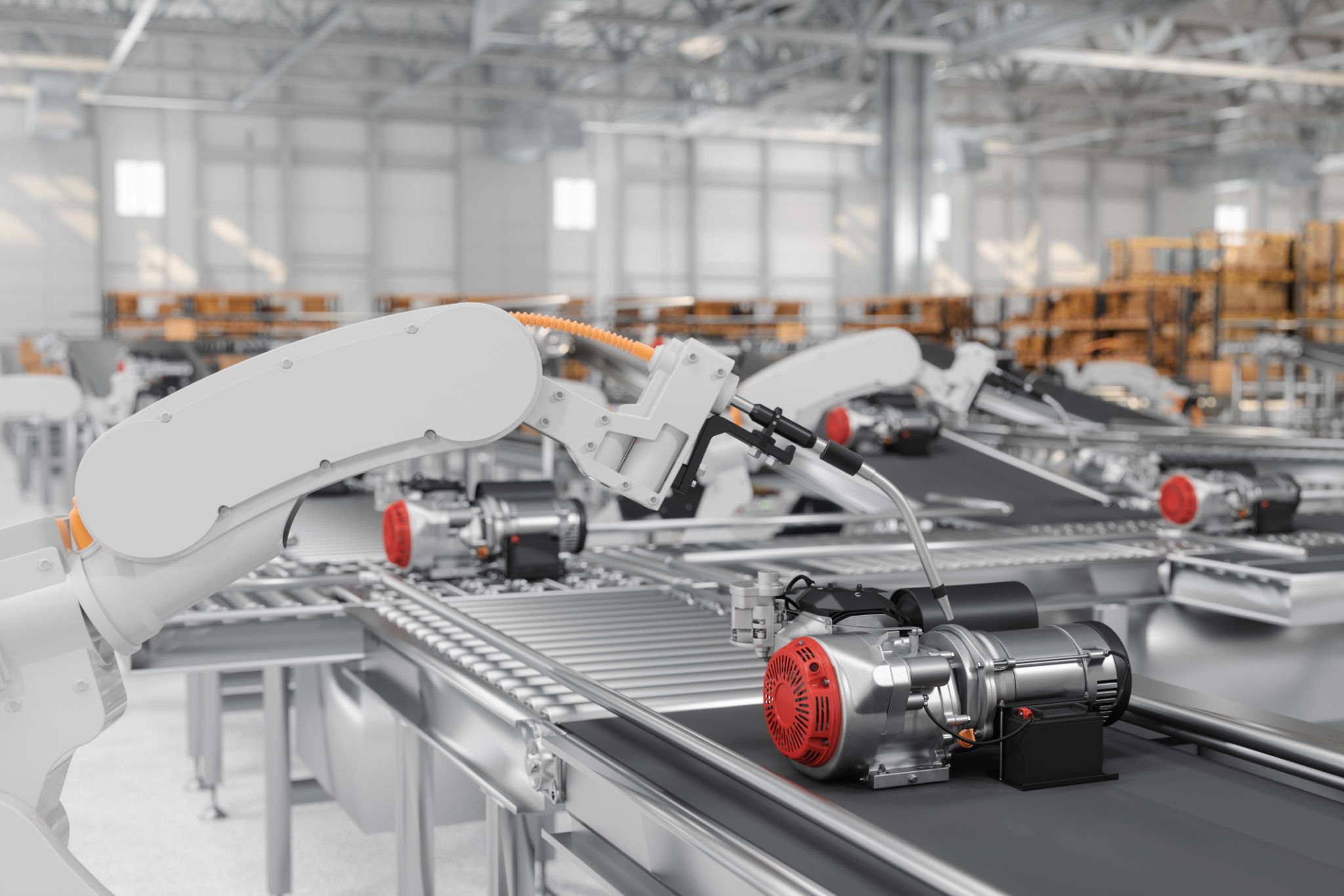 Smart Distribution Warehouse With Robotic Arms Working On Electrical Motors Production Line On Conveyor Belt